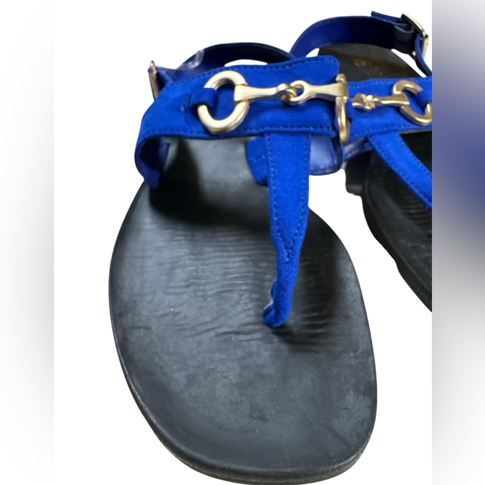 Rouge Helium Neon Blue Brass Detail Horsebit T-Strap Thong Sandals Size 9 - Picture 5 of 7
